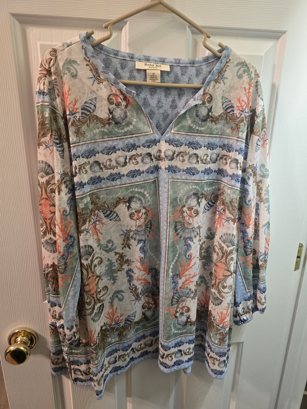 Ruby Rd. Coral, Seafoam & Blue Printed Tunic Blouse